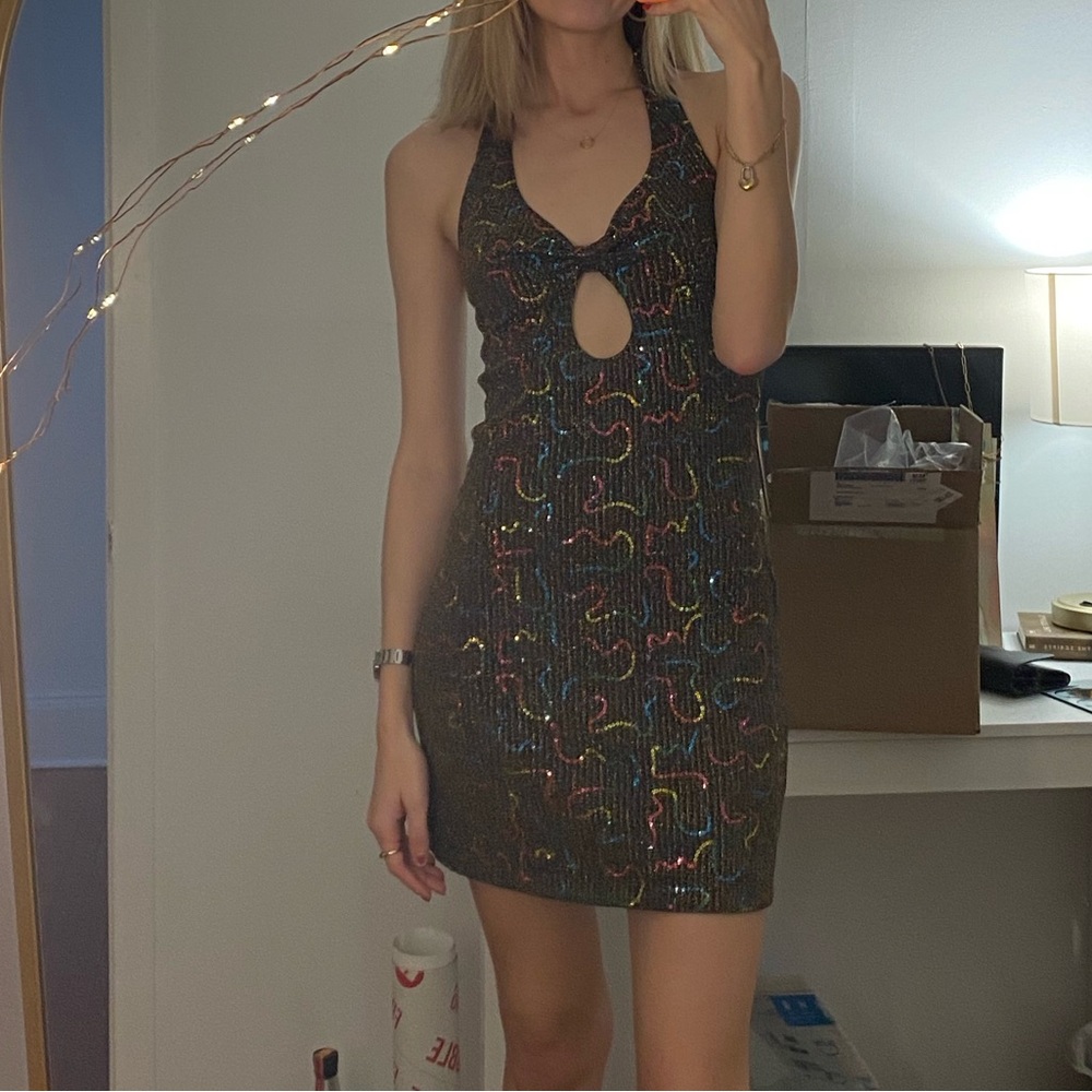 Urban Outfitters Black Sparkle One-Shoulder Mini Dress with Multicolor Threads - Picture 5 of 5